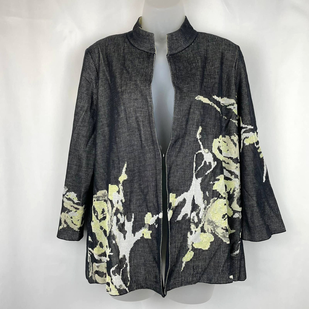 Misook Green Floral on Black Open Front Cardigan Size PL
